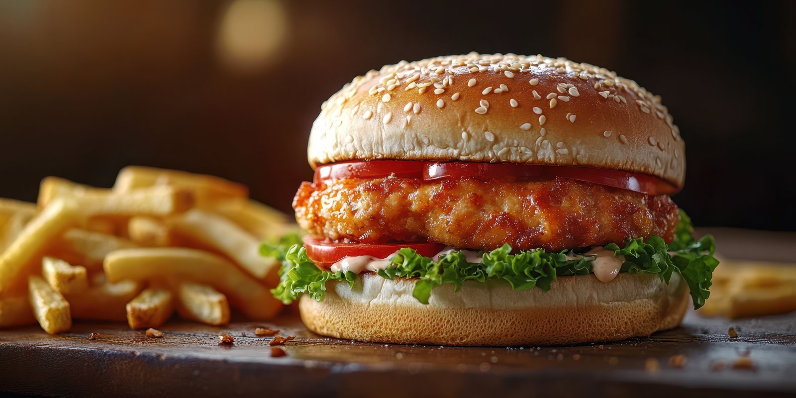 Crispy chicken sandwich with sesame bun and golden fries served in a cozy restaurant setting at lunchtime